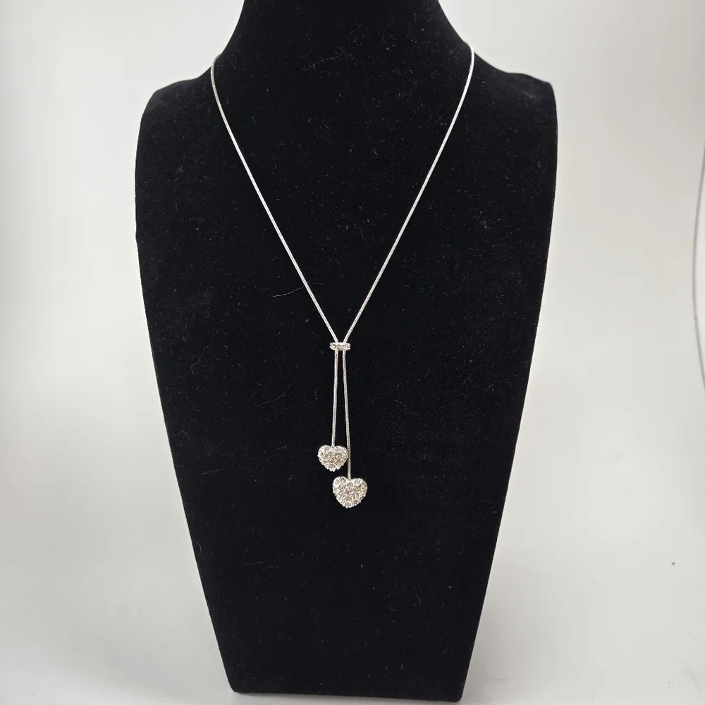 Silvertone Necklace Rhinestone Hearts with Pink and White Rhinestone Bracelet